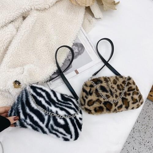 2021 Soft Plush Small Shoulder Bags For Women New Winter Leopard Zebra Chain Bag Fluffy Bags Cow Print warm fur underarm bags