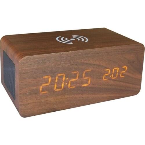 Wireless charger bluetooth speaker digital clock with sound control and temperature display wooden alarm clock