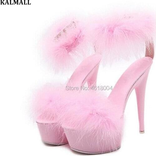 KALMALL Summer 15cm Extreme High Stripper Heels Sexy Fetish Platform Fur Sandals Pink Black White Pole Dancer Shoes