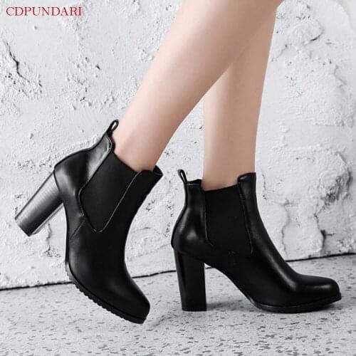 CDPUNDARI Round Toe Ankle Boots For Women High Heels Boots Ladies Autumn Winter Short Boots Shoes Bottines Femme Black Brown