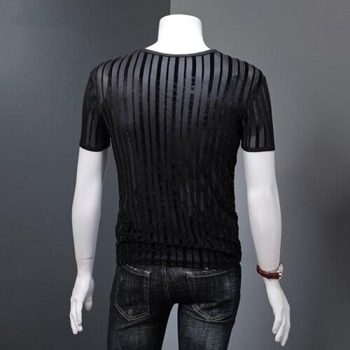 Brand Black Half Transparent Hollow Short Sleeve Tshirt Men Summer Personalized Lightweight Striped Slim O-Neck Tops Tshirt 4XL