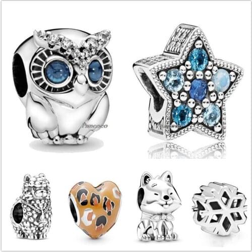 Authentic 925 Sterling Silver Blue Eyes Eyebrows Sparkling Owl Charm Beads Fit Pandora Bracelet & Necklace Jewelry