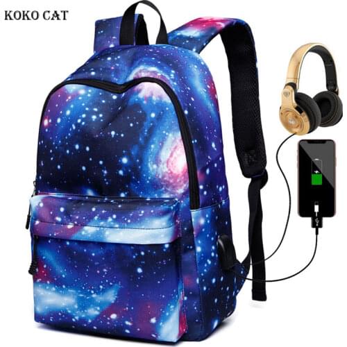 Canvas Backpack Galaxy Star Universe Girls Bags USB Charging Teen Boys Travel Daypack Mochila Feminina Back To School