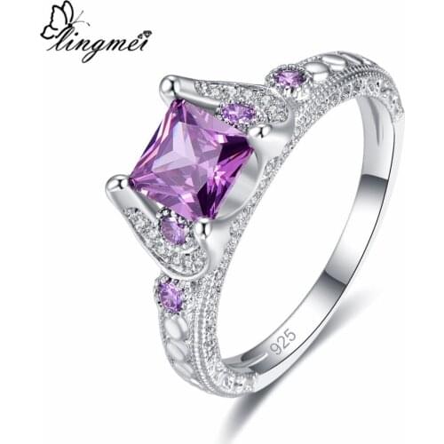 Lingmei Wedding Bridal Princess Cut Purple & White Cubic Zircon Silver Color Ring Size 6-9 For Women Ladies Jewelry