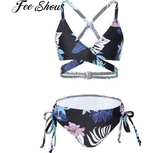2Pcs Kids Girls Floral Print Brazilian Bikinis Set Summer Beach Swimsuits V Neck Spaghetti Straps Triangle Bra Low Waist Briefs