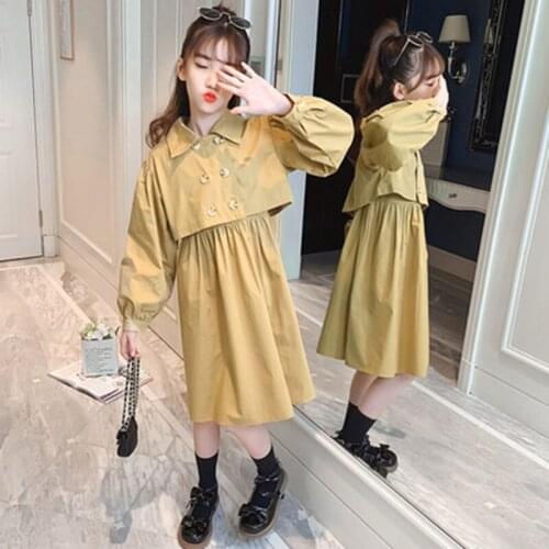 Teenage Girls Fashion Clothing Sets Short Jackets + Dress Sleeveless Suits England Style Trench Coat 2PCS Kids Outerwear Coats