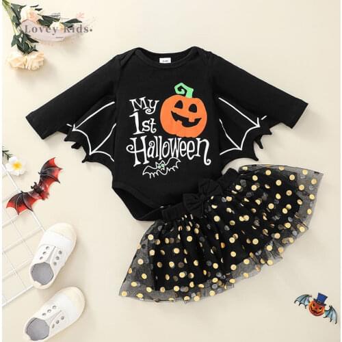 2020 Toddler Baby Girl Halloween 2PCS Outfit Set Bat Shape Long Sleeve Bodysuit Tops Tutu Mini Skirt Party Costume