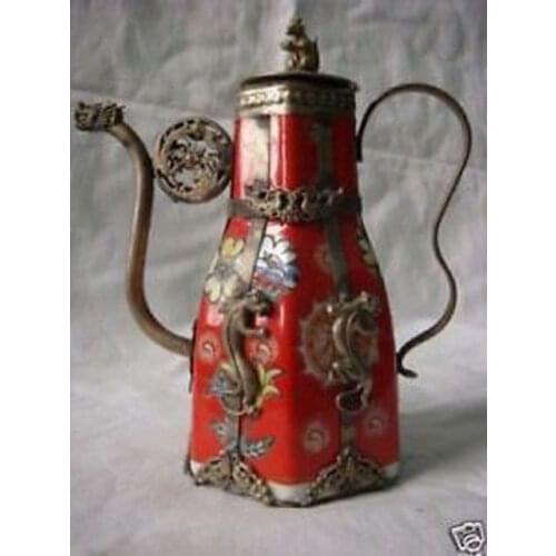 Pretty Tibetan Porcelain Tibet Silver Butterfly TeaPot Garden Decoration 100% real Tibetan Silver Brass