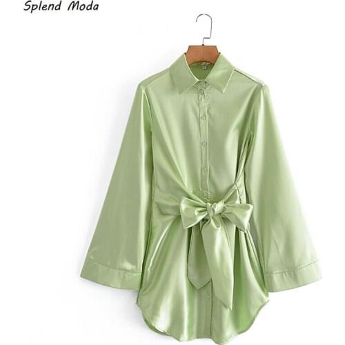 Splend Moda Autumn Women Fashion Vintage Satin Texture Lapel Single-Breasted Lace-Up Flare Sleeve Mini Dress Women Vestido Chic