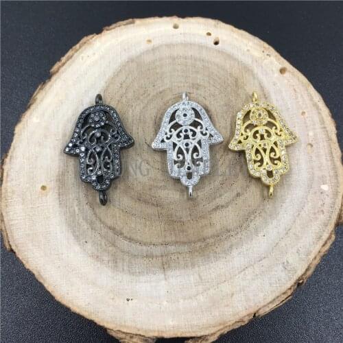 MY0720 Fatima Hamsa Hand Shape Micro Pave Zircon CZ Copper Connector Charm Bracelet DIY Pendant, Mluti Color Plated For Option