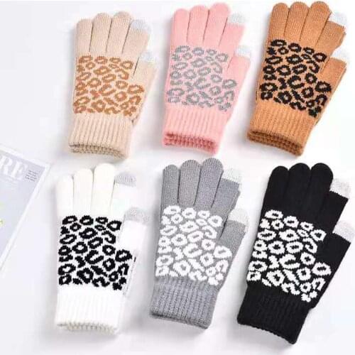Fashion Lepoard Cashmere Thick Warm Gloves For Women Knitted Adult Winter Casual Gloves Touch Screen Fingers Thicking Gloves