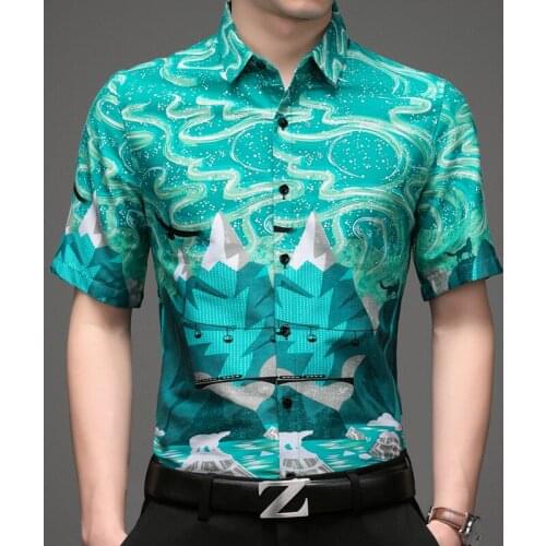Summer Casual Shirts For Mens Blue Oversized Big Size Blouse Fitted Mens Shirts With Print Blends Beachwear 2021 Hawaii Dress