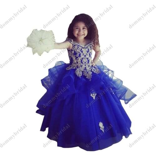 2021 Royal Blue and Gold Embroidery Ball Gown Kids Flower Girl Dresses with Sleeves Boho Charra First Communion Prom Dress