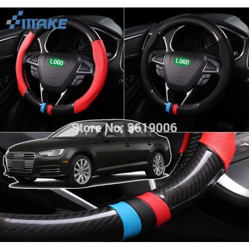 SmRKE For Audi A4 Steering Wheel Cover Anti-Slip Carbon Fiber Top PVC Leather Sport Style