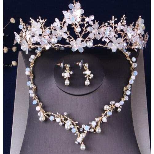 Baroque Retro Gold Crystal Beads Pearl Butterfly Jewelry Sets Rhinestone Choker Necklace Earring Tiara Wedding Dubai Jewelry Set