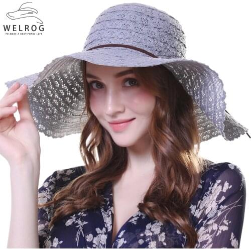 WELROG Foldable Wide Brim Church Hat Hollow Out Flower Beach Hat Fedoras Elegant Women Hats Spring Summer Hats Fashion Sun Hats