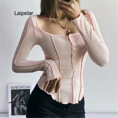 Spring 2021 New Lace Stitching Base Shirt Womens Long Sleeve Causal Daliy Candy Color T-Shirt