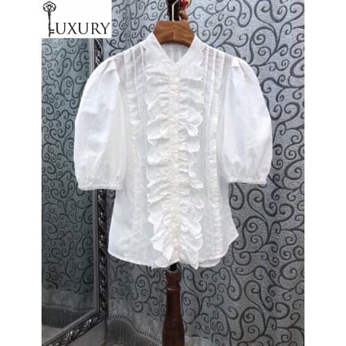 Cotton 2020 Autumn Fashion Linen Women Ruffle Patchwork Puff Sleeve Casual White Button Shirts Ladies Basic Tops Blouses