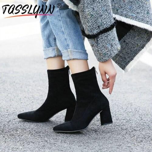 TASSLYNN 2019 Boots Women Zip Stretch Fabric Ankle Boots Winter Shoes Women Square Heel Pointed Toe Plush Snow Boots Big Size 44