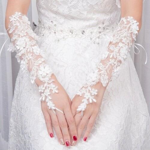 HONGFUYU Women Wedding Fingerless Gloves with Floral Appliques Lace Pearls Simple White Mittens Gloves for Bride