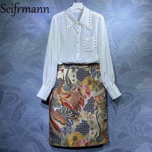Seifrmann New 2021 Summer Women Fashion Designer Skirts Set Long Sleeve Pocket Loose Blouses + High Waist Pencil Skirts Suits