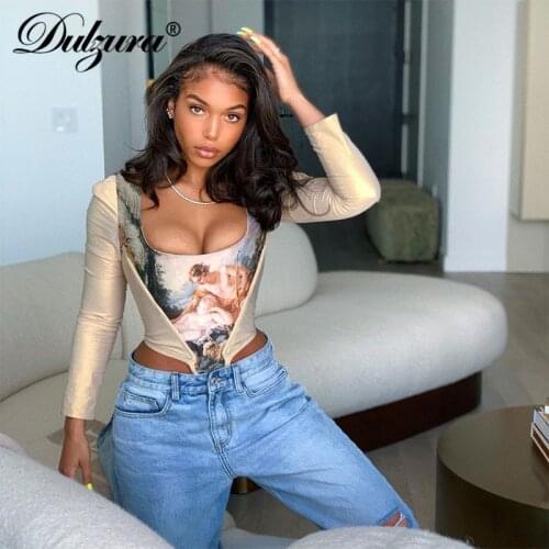 Dulzura Angel Print Women Corset Top Bustier Crops Bodycon Sexy Streetwear 2020 Autumn Winter T Shirt Elegant Club Party