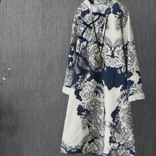 Women Linen Dress Print Ink 2020 Spring Autumn New China National Cotton Long Sleeve Long Plate Buckles Vintage Loose Women Robe