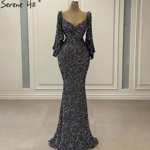 Serene Hill Grey Silver Luxury Sexy V-Neck Evening Gown 2021 Elegant Flared Sleeves For Women Formal Party Dress CLA71178