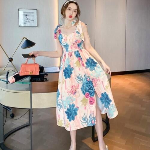 Fashion Summer Retro Casual Boho Midi Party Dress Ladies Sweet Streetwear Sexy Strap Backless Floral Beach Vacation Dress Robe