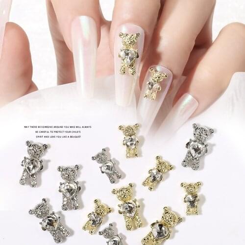 10pcs 3D Cute Alloy Bear with Crystal Heart Shiny Nail Art Decorations Gold Silver Metal Nail Jewelry DIY Manicure Accessories