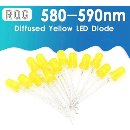 100pcs 5mm Diffused Yellow LED Diode DIP Round Wide Angle Through Hole 2 Pin LED Light Emitting Diode Lamp 580-590nm 2v