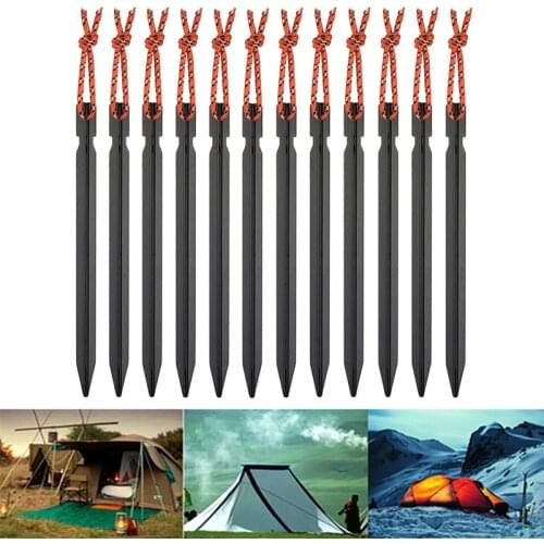 12 Pcs 18cm Aluminum Outdoor Tent Stakes Pegs with Rope Rain Tarp Tent Nail