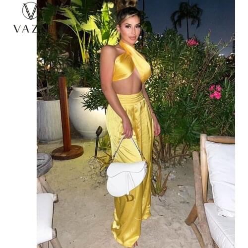VAZN 2021 New Design Street Style Sexy Sleeveless Halter 2 Piece Set Loose Women Top And Pant Summer