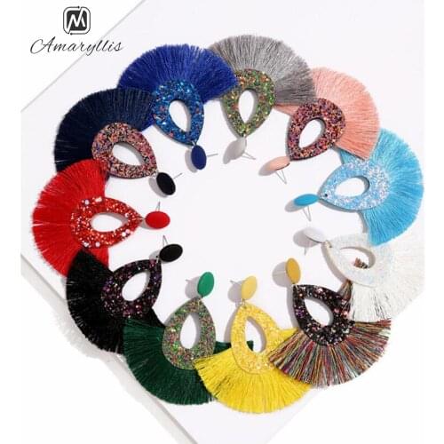Amaiyllis Bohemia 11 Colors Tassel Fringe Earrings For Women Wedding Sequin Waterdrop Stud Earrings Beach Statement Earrings