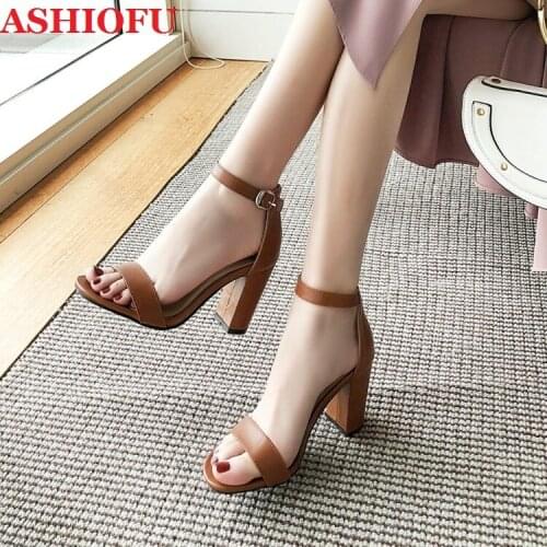 ASHIOFU Handmade Hot Sale Ladies Chunky Heels Sandals Simple Style Eurolish Party Summer Shoes Open-toe Evening Fashion Sandals