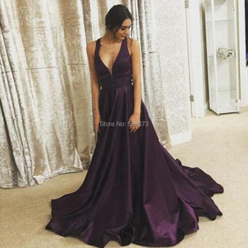 YNQNFS PD42 Satin A-line Beaded V Neck Sexy Bust Open Eggplant Purple Simple Prom Dresses Long