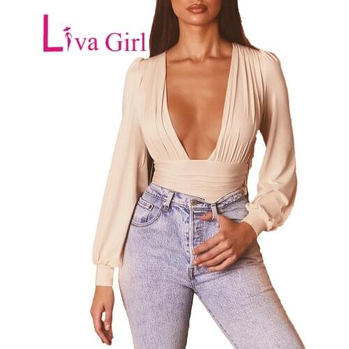 LIVA GIRL Woman Sexy Deep V Waist Folds Bodysuit 2021 Autumn Solid Long Sleeve Jumpsuit Female Elegant Loose One Piece Tops S-L