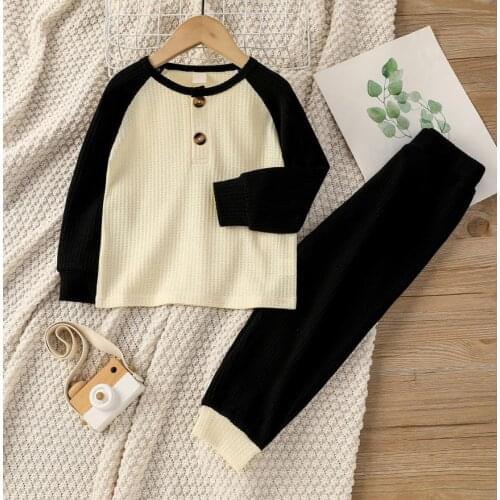 Kids Children Contrast Color Clothes Set Long Sleeve O-neck T-shirt with Buttons+Elastic Waist Trousers Babys Sets Homewear