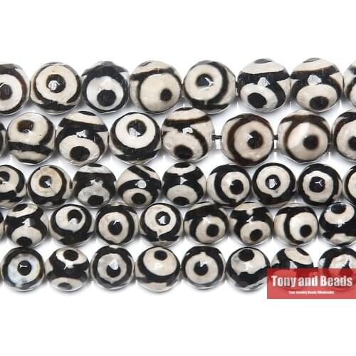 Natural Stone Faceted Eye Pattern Black Tibetan Agates Round Loose Beads 8 10 12MM Pick Size For Jewelry