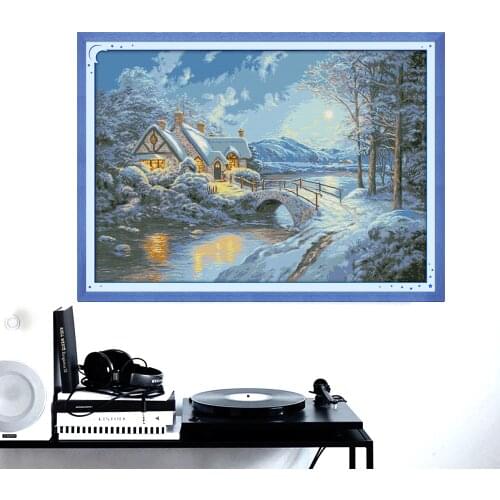 HUACAN Cross Stitch Winter Scenery Needlework Sets For Full Kits White Canvas DIY Embroidery Snow Landscape Home Decor 14CT