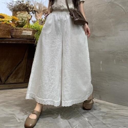 Johnature Women Vintage Linen Wide Leg Pants Elastic Waist Solid Color 2021 Summer New Loose Patchwork Lace Female Long Trouser