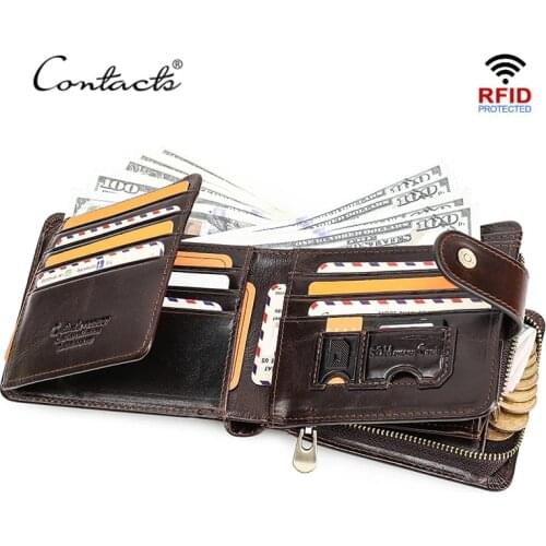 CONTACTS Genuine Leather RFID Wallet Men With Coin Pocket Short Purse Small Zipper Trifold Walet Leather Card Holder Carteiras