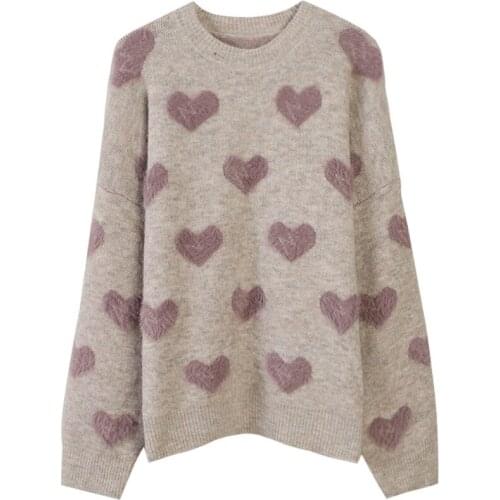 Fashion Heart Pattern Knit Pullover Sweater Women Jumper 2021 Winter Korean Kawaii Cute Long Sleeve Fluffy Sweater Female