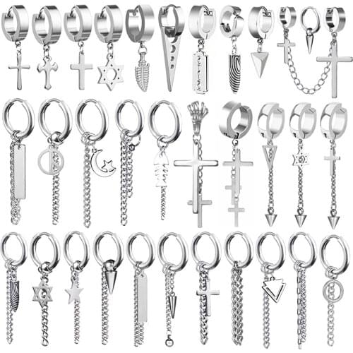 Unisex Cross Moon Star Fish Bone Hoop Drop Earrings Chic Man Chain Titanium Steel Leaf Triangle Geometry Punk Party Gift