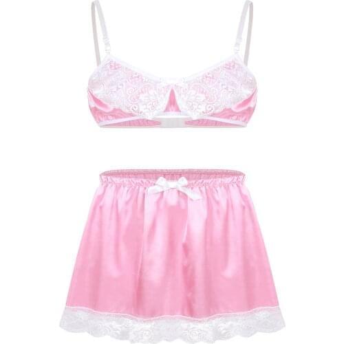 Men Satin Lace Sissy Sexy Lingerie Set Adjustable Spaghetti Shoulder Straps Bra Top with Short Skirt Suit Gay Exotic Homewear