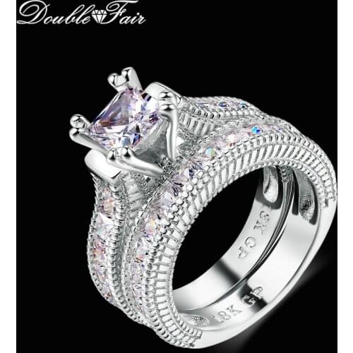 Double Fair Unique Square Cut Cubic Zirconia Rings Sets Silver Color Fashion Engagement/Wedding Jewelry Gift For Women RX29YG