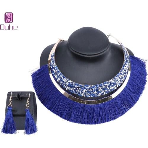 Vintage Tassel Bohemian Statement Crystal Necklace Earring For Women Handmade Female Hanging Jewelry Set