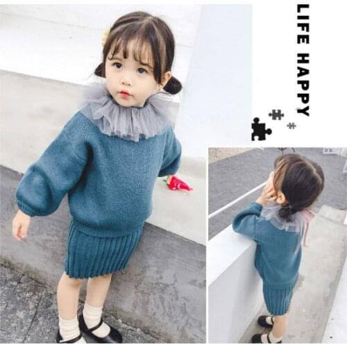 Autumn girls set long sleeve tops+dress children 2pieces tracksuit spring baby girl clothing sets knitwear baby kids outfit blue