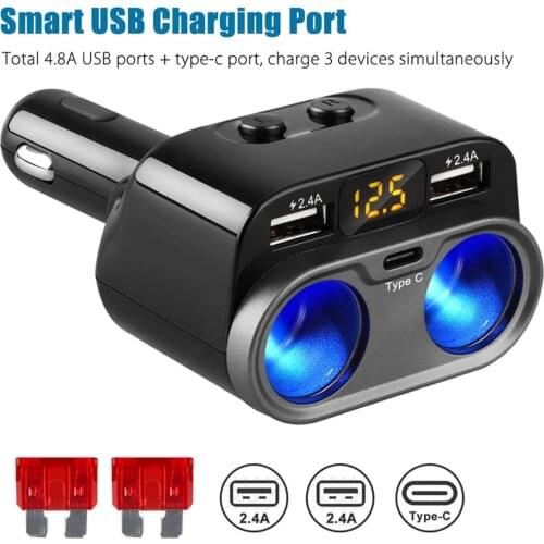 Mayitr 2 Way Car Cigarette Lighter Socket Splitter 80W+Dual USB Charger Adapter LCD Display 12-30V Cigarette Socket Lighter