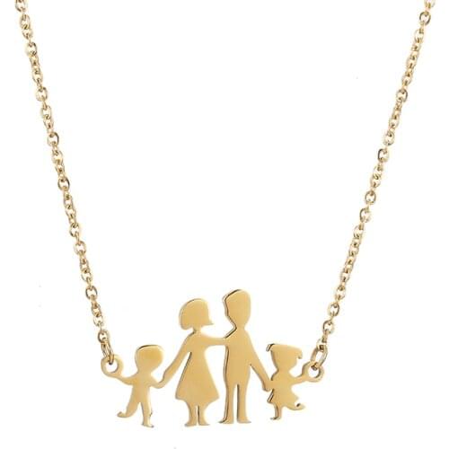 Family Necklace Stainless Steel Lovely Figure Mom Dad Daughter Son Charm Pendant Necklace Link Chain Child Mother Birthday Gifts
